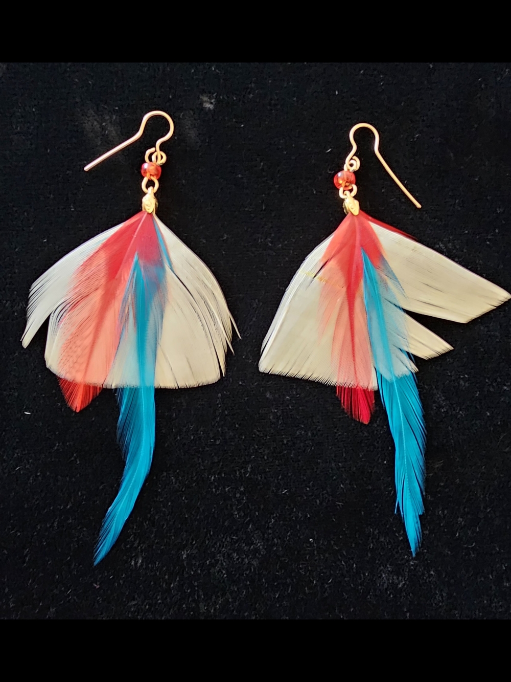 Handmade Feather  Dangle Earrings Drop Faux Feather Estate Gold Tone Hooks